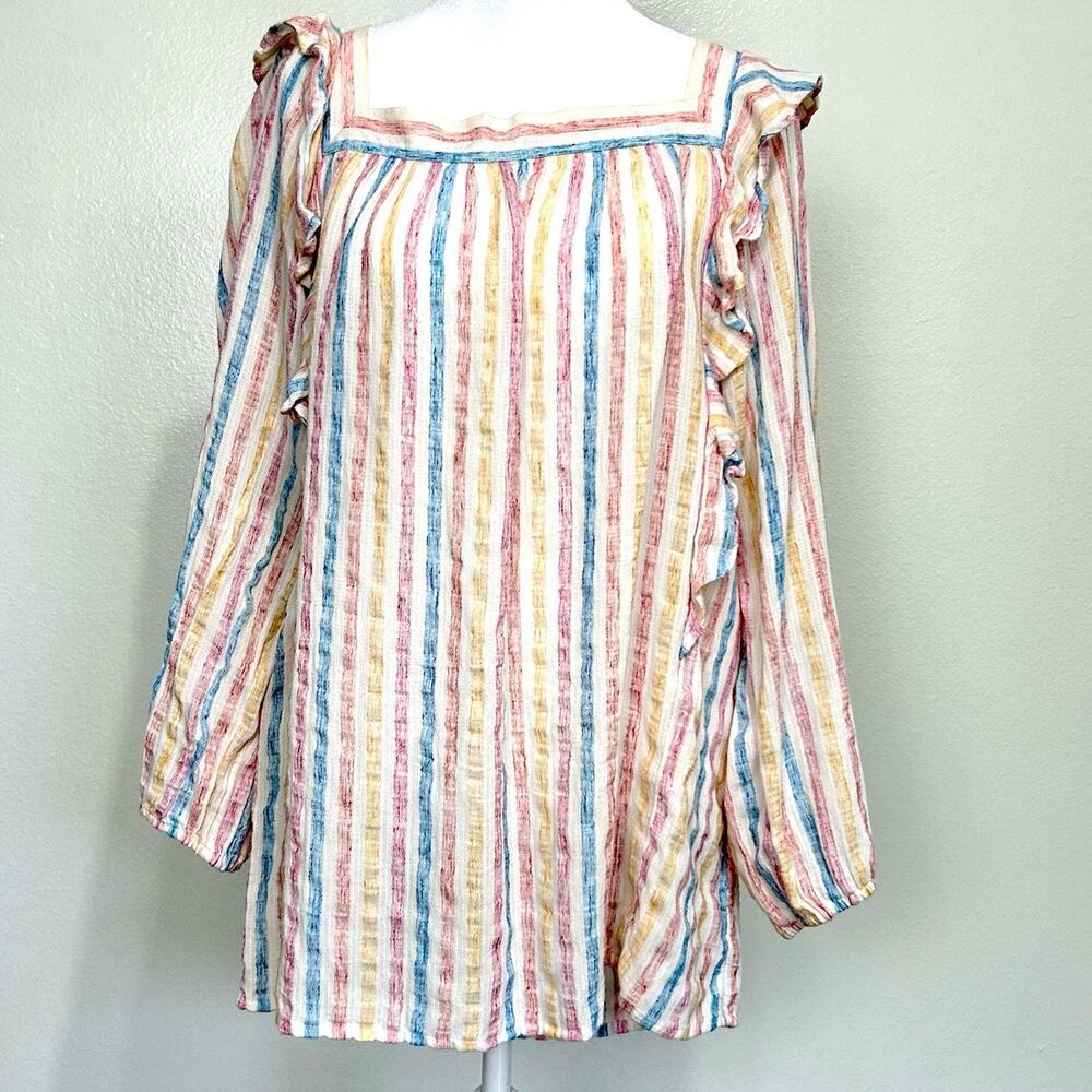 Ralph Lauren Chaps Top XL Stripe Ruffle Square Neck Boho Preppy Spring Blouse